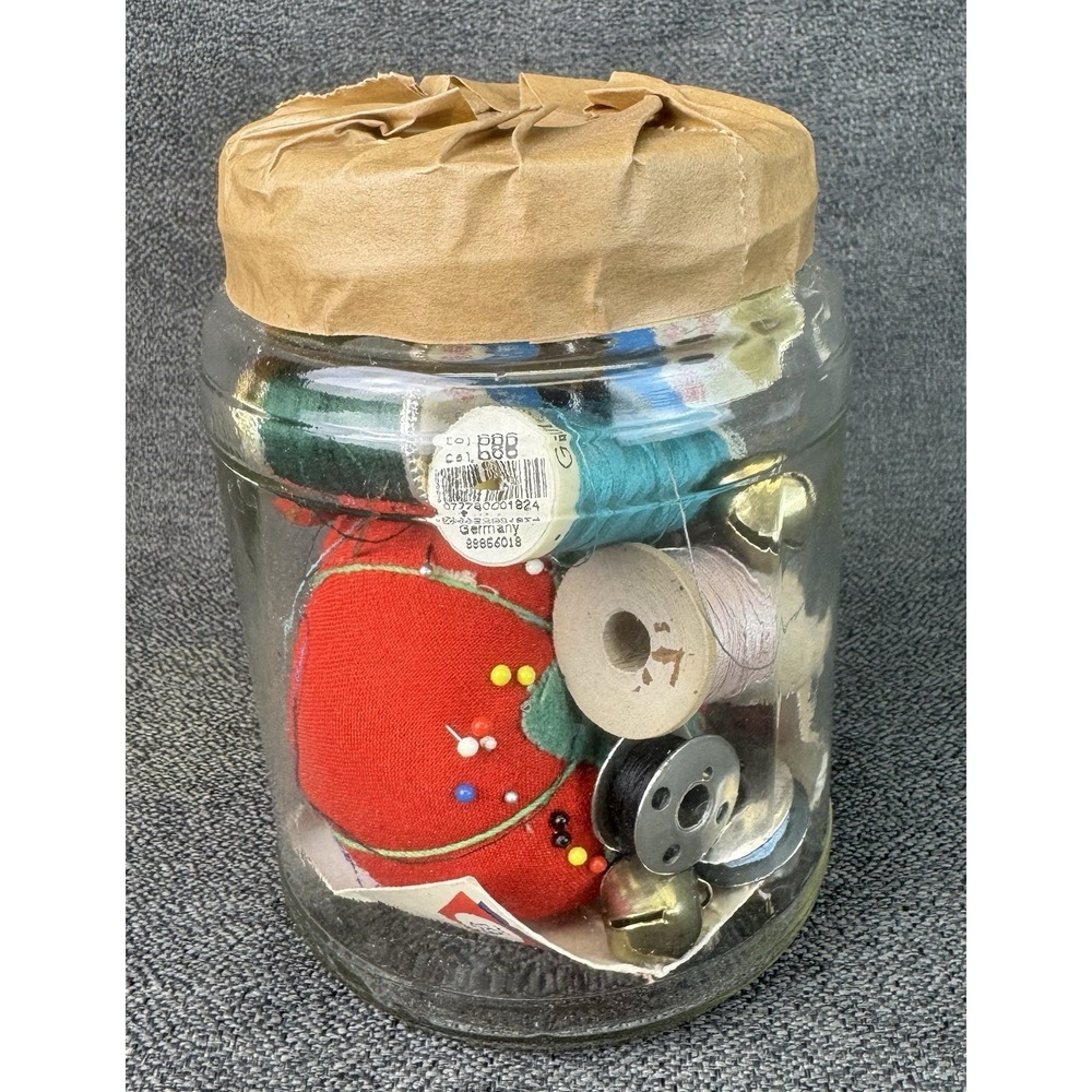 Vintage Glass Jar Filled With Sewing Supplies Pin Cushion Thread Stools Buttons